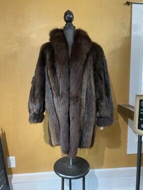 Real Beaver Fur Stroller Coat with Genuine Fox Tuxedo Trim M